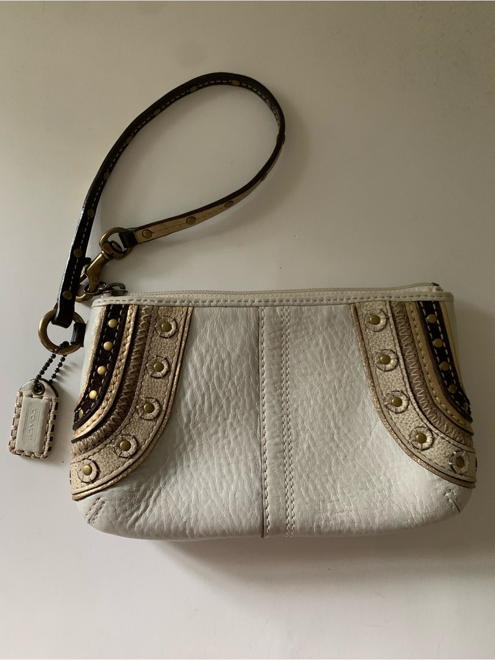 Coach Soho Embroidered Stitch Studded Wristlet, Pebbled White Leather, Gold Stud